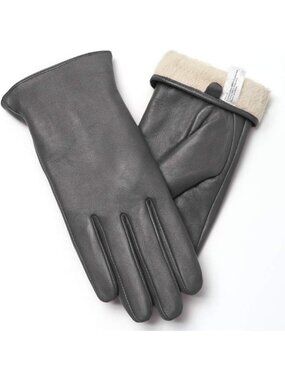 Women's Grey Touch Screen Warm Winter Driving Hull-Hand Leather Gloves